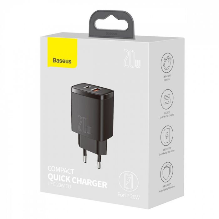 МЗП Baseus Compact Quick Charger 20W QC+ PD (1Type-C + 1USB)