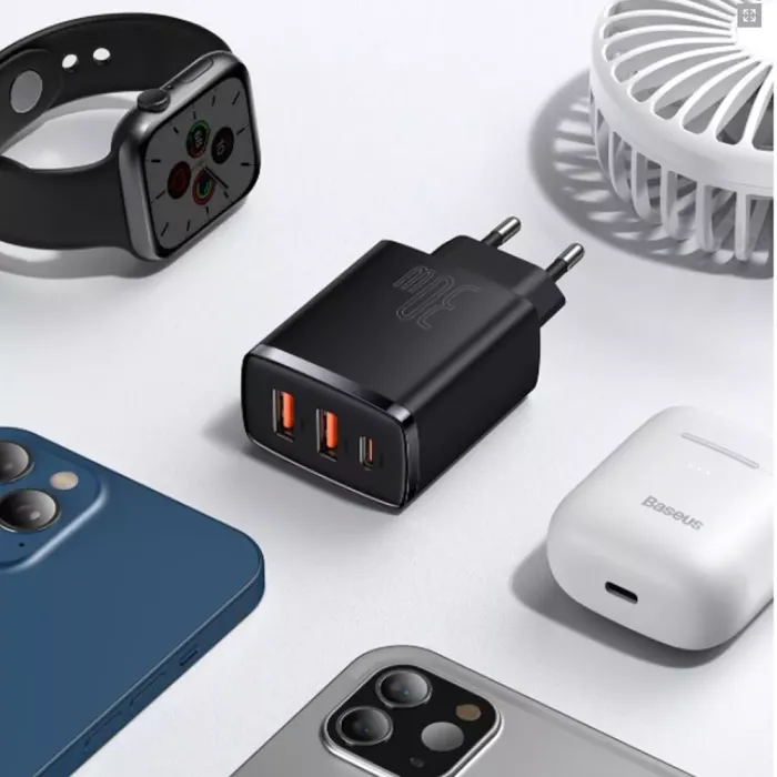 МЗП Baseus Compact Quick Charger 30W QC+ PD (1Type-C + 2USB)