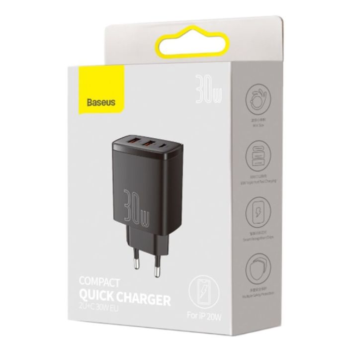 МЗП Baseus Compact Quick Charger 30W QC+ PD (1Type-C + 2USB)